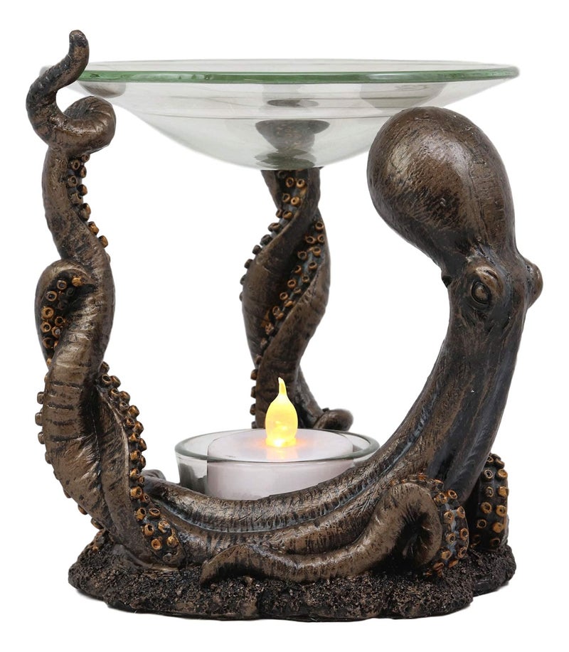 Ebros Gift Ebros Nautical Ocean Marine Octopus Head and Arms Tentacles Oil Warmer Or Wax Tart Burner Aroma Scent Diffuser Tea Light Candle Holder Statue Sea Kraken Giant Octopuses Themed Decorative Figurine - Image 1